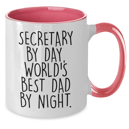 Funny Secretary Gifts for Mom - 'Secretary by Day, World's Best Dad by Night' Two Tone Coffee Mug - Victory Thru Vision 