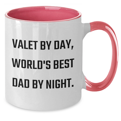 Valet By Day, World's Best Dad By Night - Funny Two Tone Coffee Mug Gift from Friends to Valet on Father's Day - Victory Thru Vision 