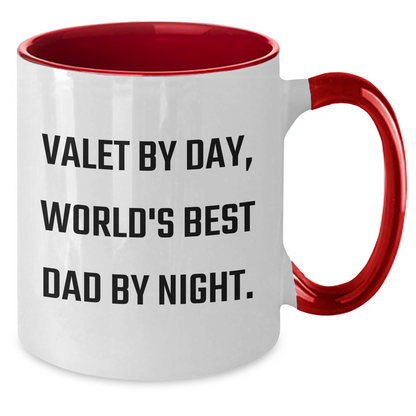 Valet By Day, World's Best Dad By Night - Funny Two Tone Coffee Mug Gift from Friends to Valet on Father's Day - Victory Thru Vision 