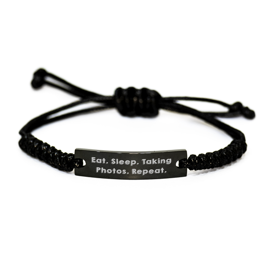 Take Photos Gifts for Men - Eat. Sleep. Taking Photos. Repeat. Rope Bracelet, Adjustable, Engraved, Funny - Image 1