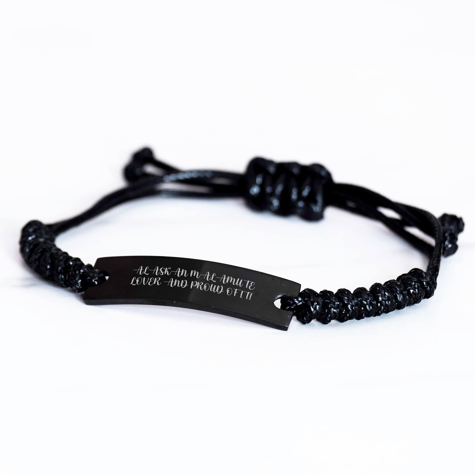Alaskan Malamute Dog Lovers Gift from Family for Men's Father's Day Unique Rope Bracelet, 'Alaskan Malamute Lover And Proud Of It!' Engraved Black Stainless Steel with Interlaced Rope - Image 2