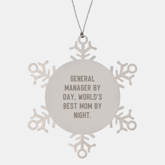 General Manager Gifts, Snowflake Ornament, Funny Quote Christmas Ornament, Gifts from Family, General Manager by Day, World's Best Mom by Night - Image 1