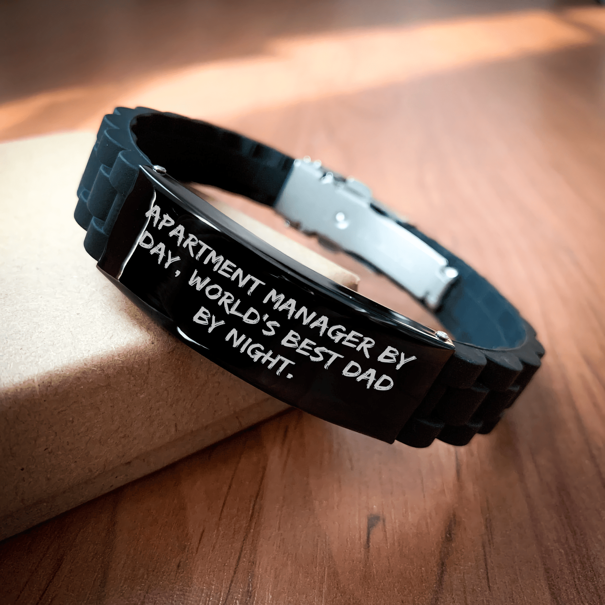 Apartment Manager Gifts by Day, World's Best Dad by Night. Black Glide lock Clasp Bracelet for Men, Adjustable, Premium Bag - Victory Thru Vision