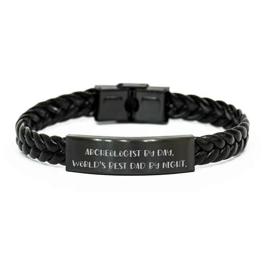 Archeologist Gifts by Day, World's Best Dad by Night Interlaced Leather Bracelet for Graduation - Gifts from Dad to Archeologist - Victory Thru Vision
