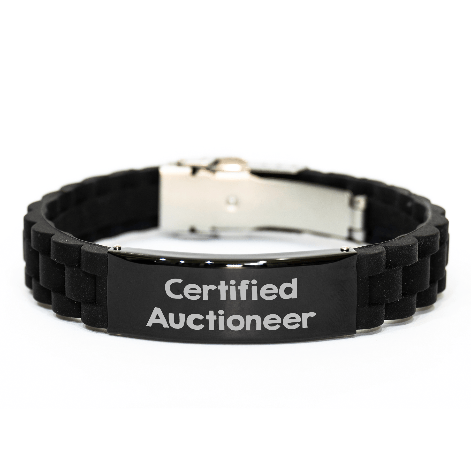 Auctioneer Certified Funny Gifts from Friends for Men Glide lock Clasp Black Stainless Steel Silicone Adjustable Bracelet - Father's Day Unique Gifts - Victory Thru Vision