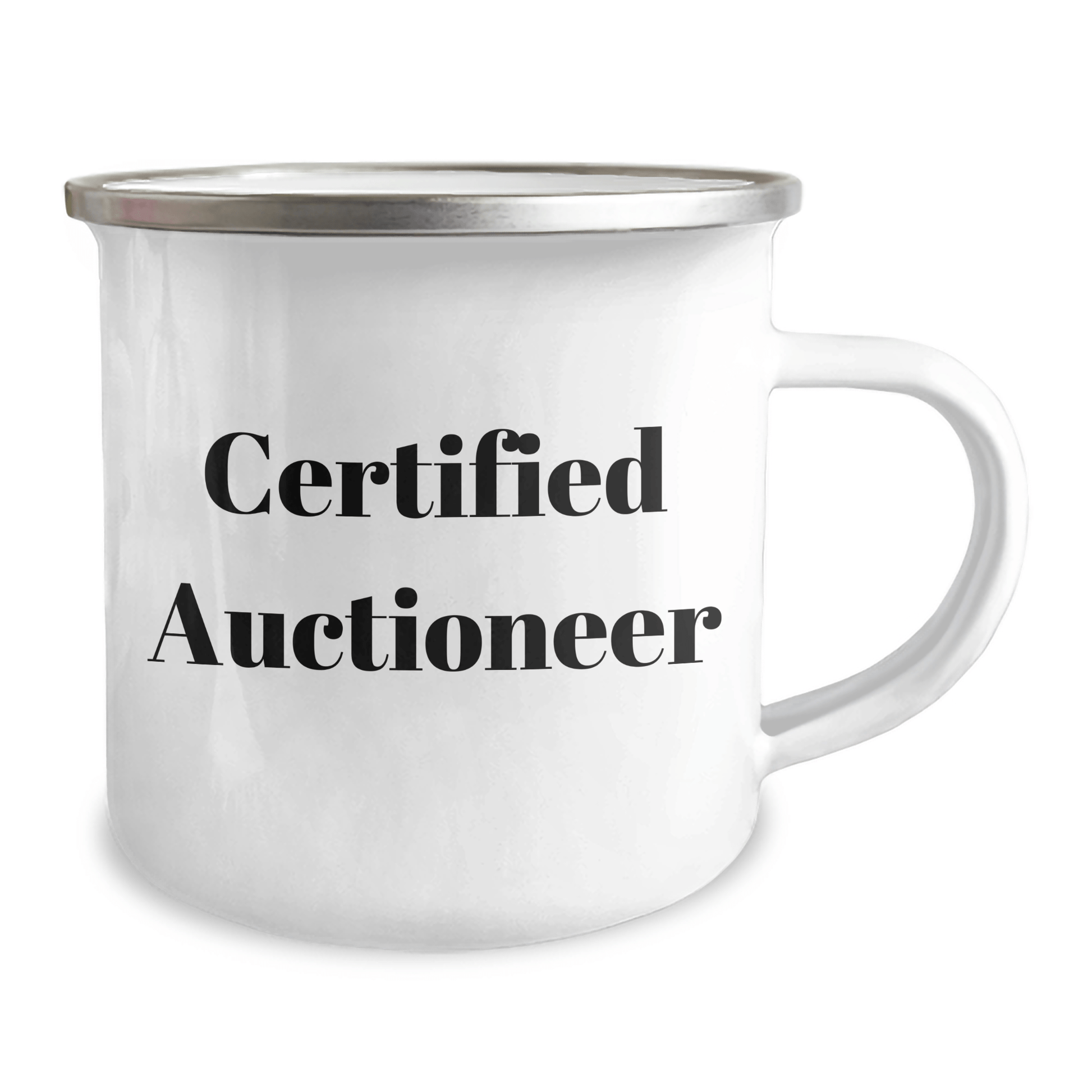 Auctioneer Gifts from Friends for Father's Day - 'Certified Auctioneer' Quote Camping Mug, 12 oz Stainless Steel with Enamel Finish - Victory Thru Vision 