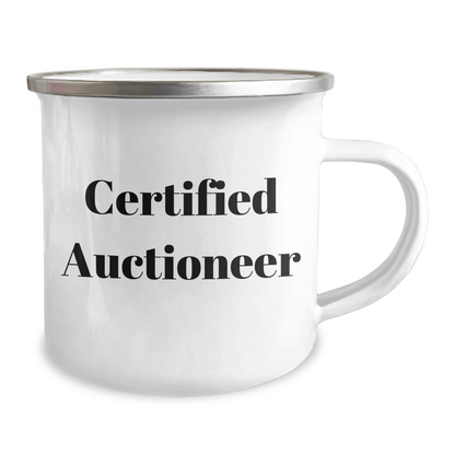 Auctioneer Gifts from Friends for Father's Day - 'Certified Auctioneer' Quote Camping Mug, 12 oz Stainless Steel with Enamel Finish - Victory Thru Vision 