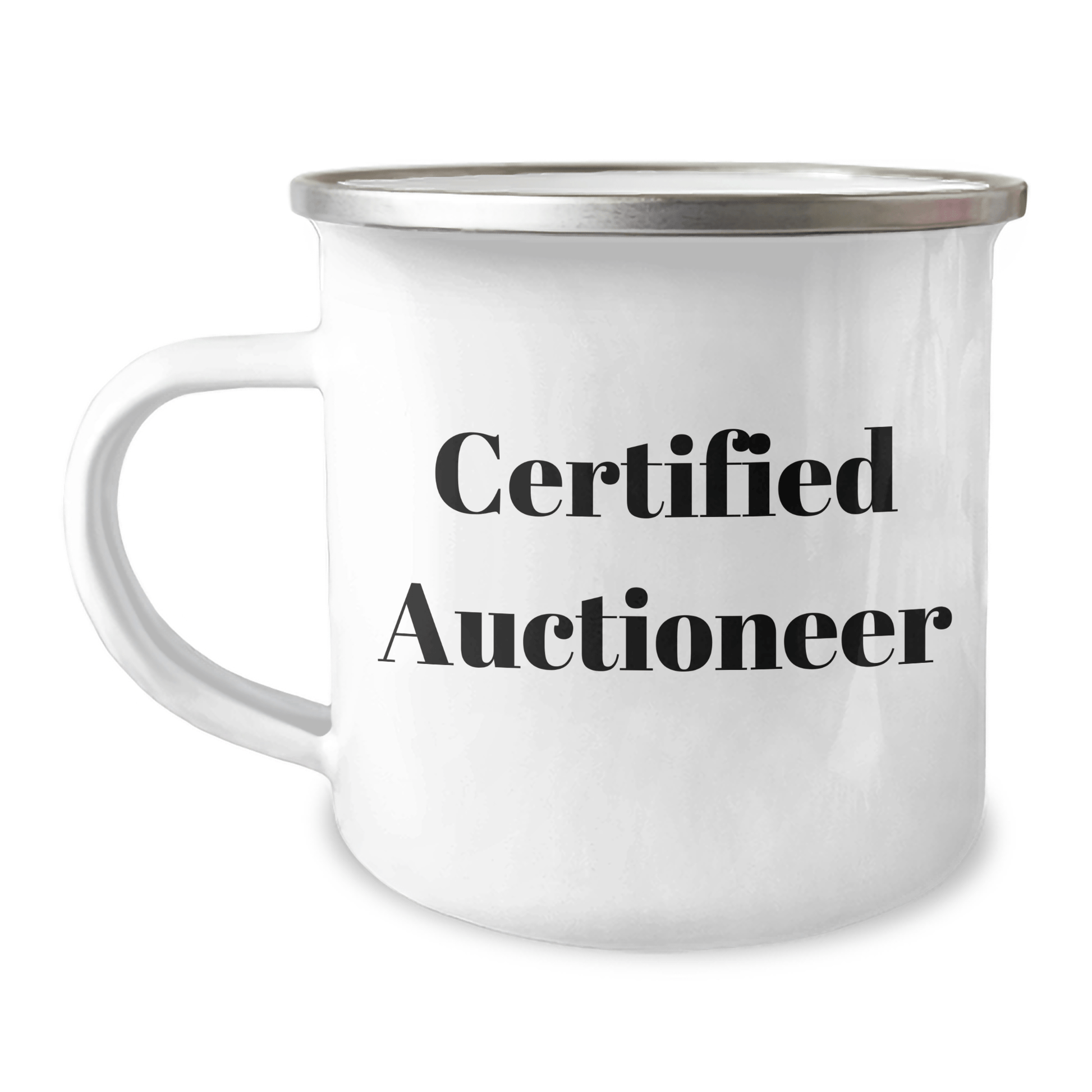 Auctioneer Gifts from Friends for Father's Day - 'Certified Auctioneer' Quote Camping Mug, 12 oz Stainless Steel with Enamel Finish - Victory Thru Vision 
