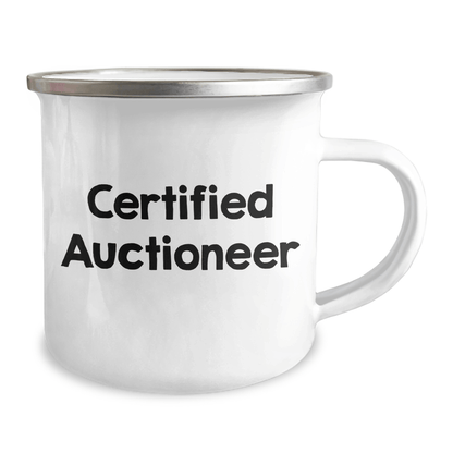 Auctioneer Humor Gifts from Men to Friends for Father's Day - Funny Camping Mug, 12 oz Stainless Steel with Enamel Finish - Victory Thru Vision 