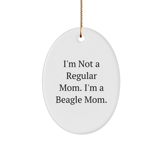 Beagle Mom's Christmas Joy, Oval Ornament Gifts for Her, Funny Quote, White, 3.25" tall, MDF, Sublimation, Gold Cord, Gifts from Mom, for Beagle Dog Lovers - Victory Thru Vision