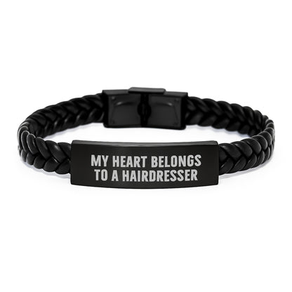 A Funny Gift for Hairdresser, Interlaced Leather Bracelet, My Heart Belongs To A Hairdresser - Valentine's Unique Gifts from Men to Hairdresser - Image 1