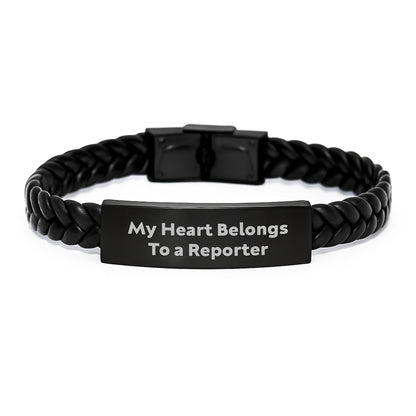 Funny Reporter Gifts for Men from My Heart Belongs To A Reporter Interlaced Leather Bracelet, Birthday Unique Gifts for Him, Gifts from Men to Reporter, Gifts for Reporter - Image 1