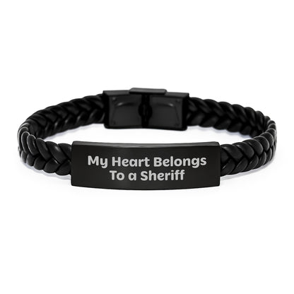 Sheriff Lover Interlaced Leather Bracelet, Funny Quote 'My Heart Belongs To A Sheriff', Gift for Sheriff Men on Valentine's Unique Gifts from Husband to Wife - Image 1