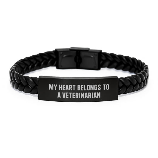 Funny Veterinarian Gifts, 'My Heart Belongs To A Veterinarian' Interlaced Leather Bracelet, Gifts from Family to Friends, Birthday Unique Presents for Veterinarian - Image 1