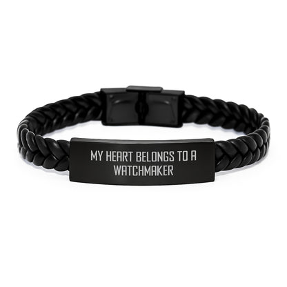 Funny Watchmaker Gifts from Men, Unique Interlaced Leather Bracelet for Watchmaker, 'My Heart Belongs To A Watchmaker' Christmas Unique Gifts - Image 1