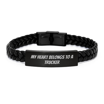 Funny Trucker Gifts from Family - Unique Interlaced Leather Bracelet Quote 'My Heart Belongs To A Trucker' Christmas Unique Ideas for Men - Image 1
