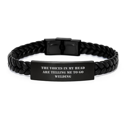 Funny Welding Gifts for Men - Interlaced Leather Bracelet with Stainless Steel and PU Leather, Inspired by The Voices In My Head Are Telling Me To Go Welding, Christmas Unique Presents - Image 1