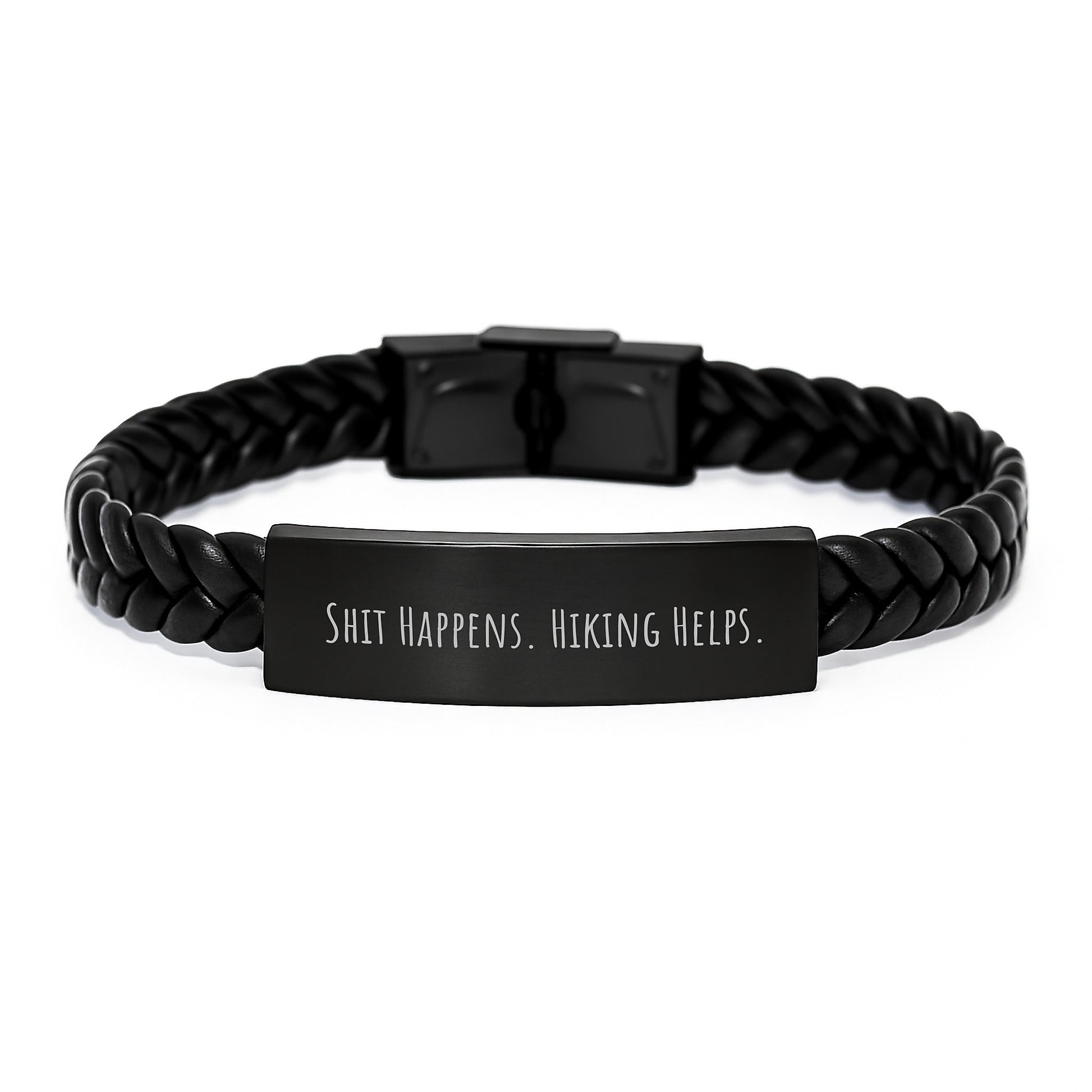 Funny Hiking Gifts for Men, Women, Friends - Shit Happens. Hiking Helps. Interlaced Leather Bracelet, Christmas Unique Presents from Family - Image 1