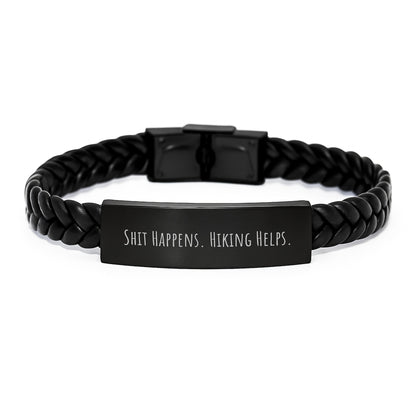 Funny Hiking Gifts for Men, Women, Friends - Shit Happens. Hiking Helps. Interlaced Leather Bracelet, Christmas Unique Presents from Family - Image 1