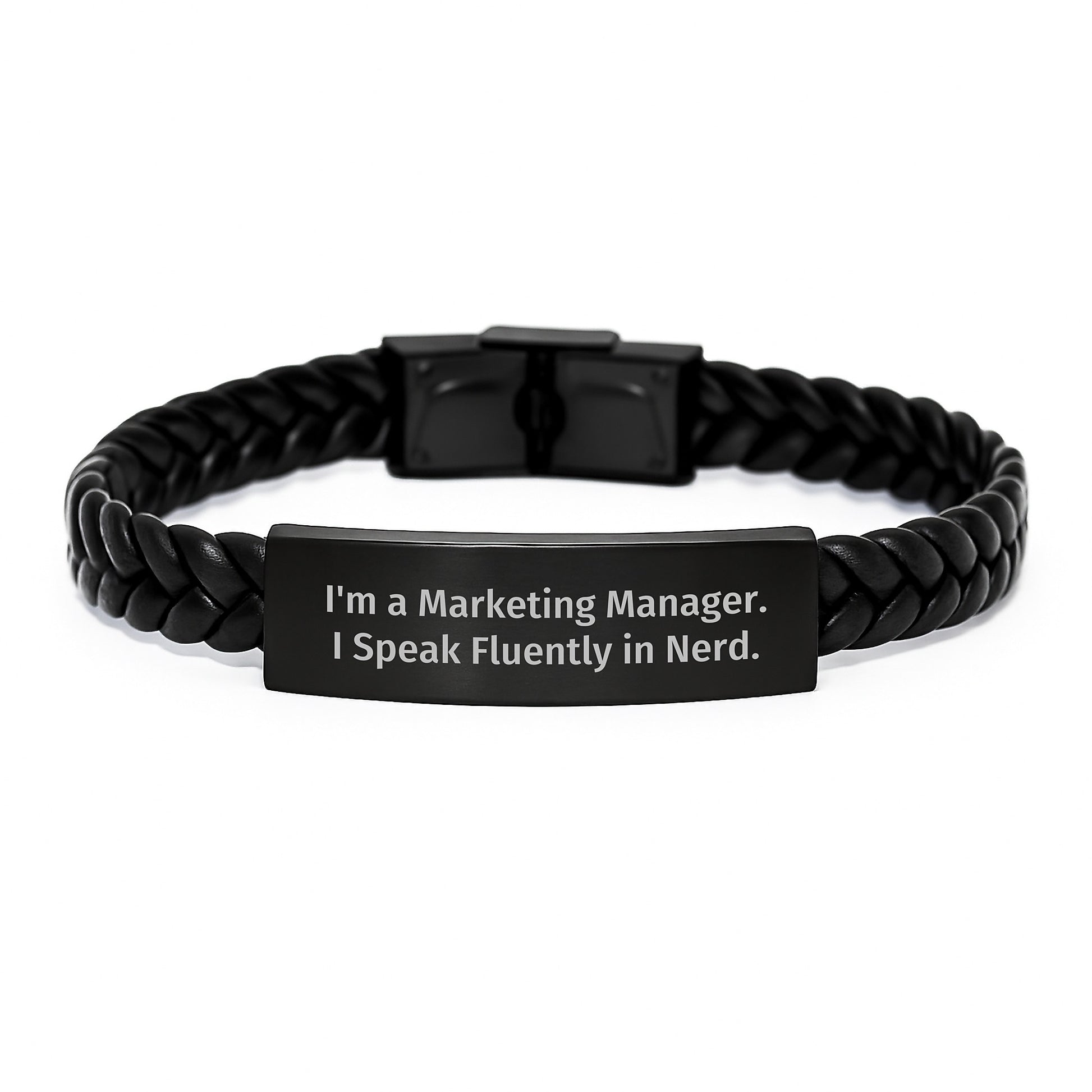 Funny Marketing Manager Gifts, Interlaced Leather Bracelet for Men, Engraved Stainless Steel Quote 'I Speak Fluently In genius' - Gifts from Friends to Coworkers - Image 1