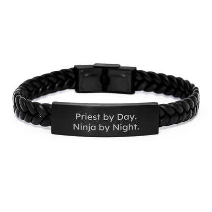 Unique Gifts from Men for Priest Christmas Unique Gifts, Interlaced Leather Bracelet with Priest By Day. Ninja By Night. Quote, Stainless Steel and PU Leather - Image 1