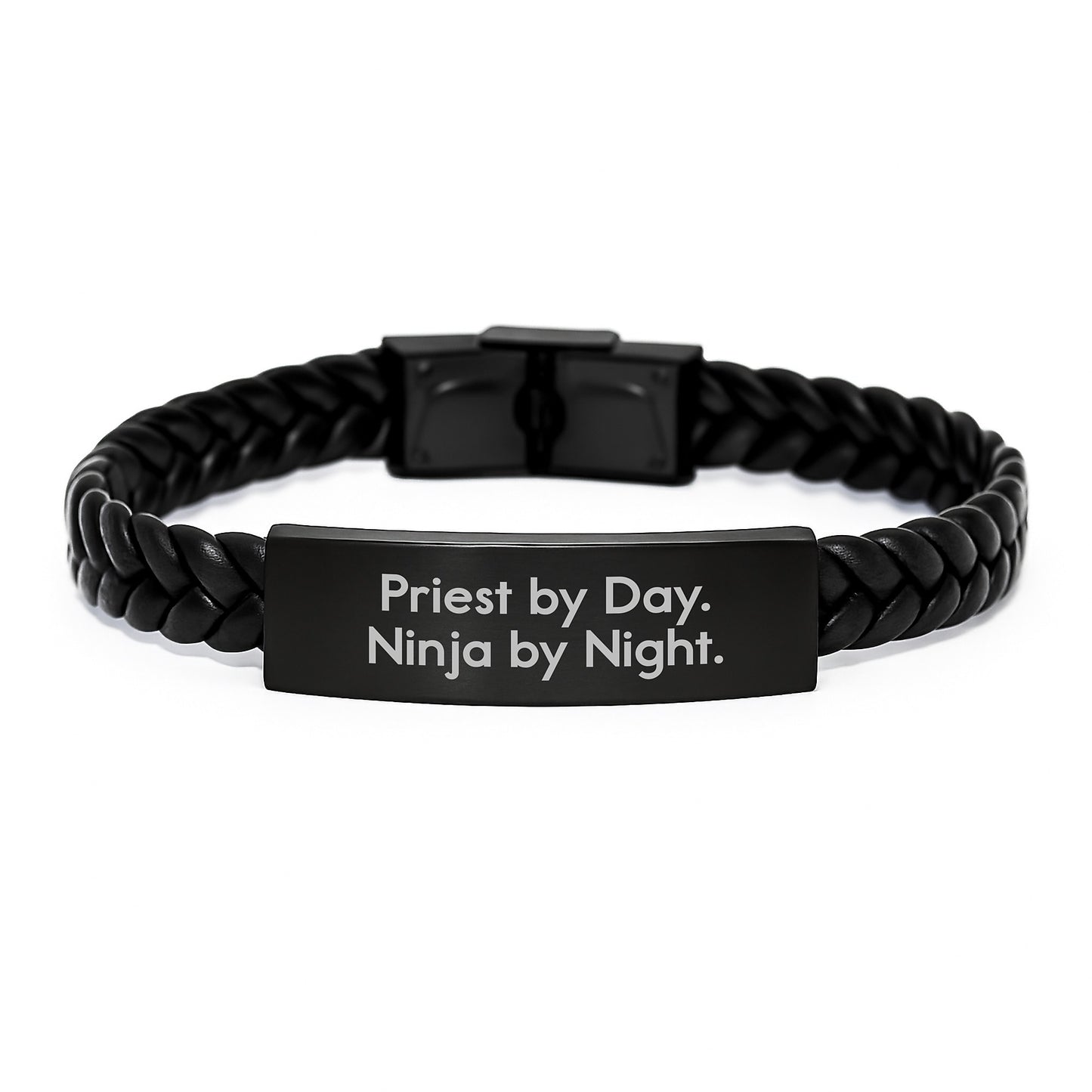 Funny Priest Gifts, Interlaced Leather Bracelet, 'Priest By Day. Ninja By Night.' Quote, Christmas Unique Presents for Men - Image 1