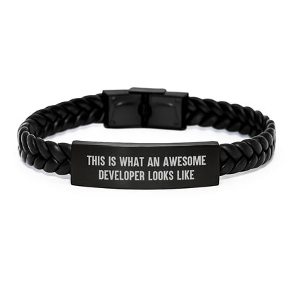 Developer Gifts from Friends - Interlaced Leather Bracelet for Men, Funny Quote 'This Is What An Awesome Developer Looks Like' - Unique Christmas Unique Gifts - Image 1