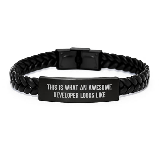 Developer Gifts from Friends - Interlaced Leather Bracelet for Men, Funny Quote 'This Is What An Awesome Developer Looks Like' - Unique Christmas Unique Gifts - Image 1