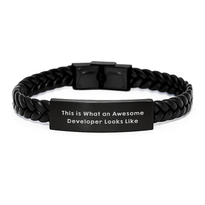 Funny Developer Gifts from Men Christmas Unique Gifts, Interlaced Leather Bracelet for Awesome Developers, 'This Is What An Awesome Developer Looks Like' - Image 1