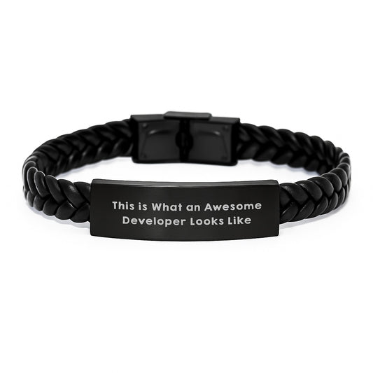 Funny Developer Gifts from Men Christmas Unique Gifts, Interlaced Leather Bracelet for Awesome Developers, 'This Is What An Awesome Developer Looks Like' - Image 1