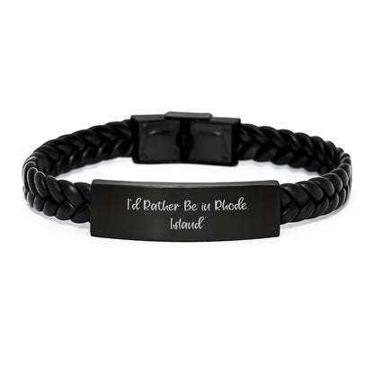 I'd Rather Be in Rhode Island, Interlaced Leather Graduation Gift for Men or Women from Family and Friends, Unique Stainless Steel PU Leather Bracelet - Image 1