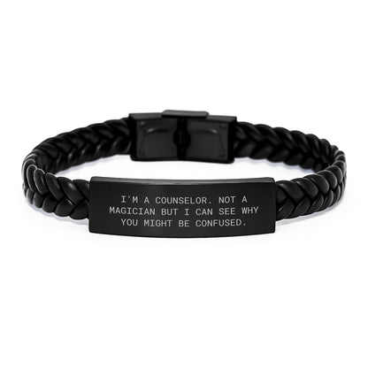 Funny Counselor Gifts for Women Interlaced Leather Bracelet, Christmas Unique Ideas from Friends to Family, 'I'm A Counselor. Not A Magician But I Can See Why You Might Be Confused.' - Image 1