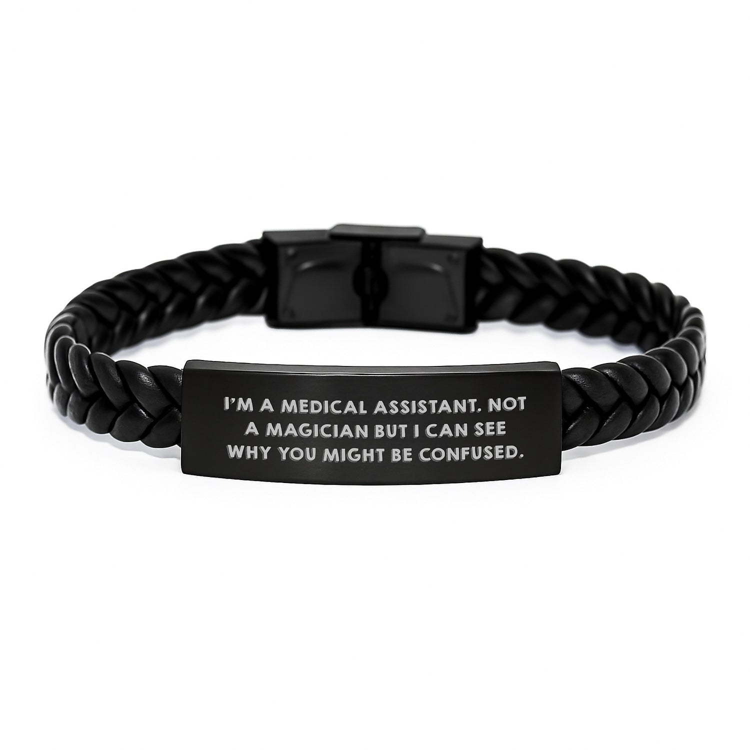 Funny Medical Assistant Gifts for Men Women, Interlaced Leather Bracelet Engraved Stainless Steel, Gifts from Friends Family Coworkers, Christmas Unique Presents - Image 1