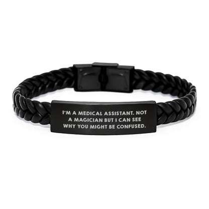Funny Medical Assistant Gifts for Men Women, Interlaced Leather Bracelet Engraved Stainless Steel, Gifts from Friends Family Coworkers, Christmas Unique Presents - Image 1