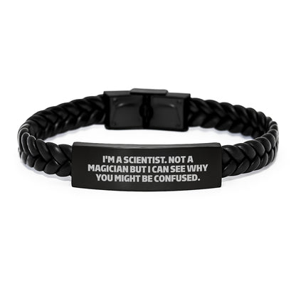 Funny Scientist Gifts, Interlaced Leather Bracelet with Engraved Stainless Steel, Perfect for Christmas - Gifts from Friends for Men Scientist - Image 1