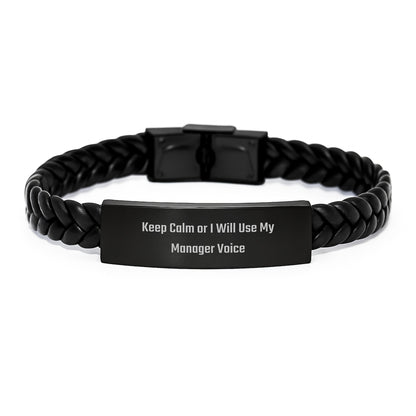 Funny Manager Gifts for Men from Friends, Keep Calm Interlaced Leather Bracelet Birthday Unique, Stainless Steel Engraved - Image 1