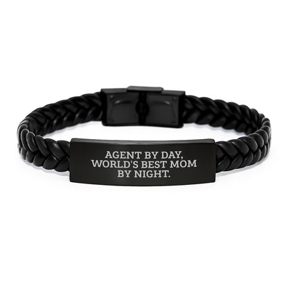 Agent Gifts from Mom - Funny Christmas Unique Gifts for Agent, Interlaced Leather Agent Bracelet, Agent By Day World's Best Mom By Night. - Image 1