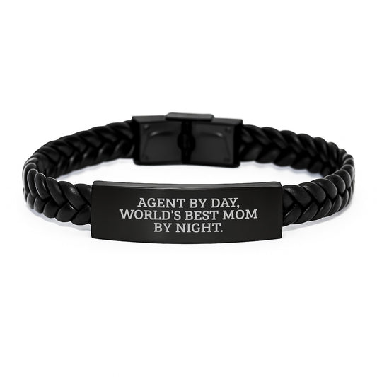 Agent Gifts from Mom - Funny Christmas Unique Gifts for Agent, Interlaced Leather Agent Bracelet, Agent By Day World's Best Mom By Night. - Image 1