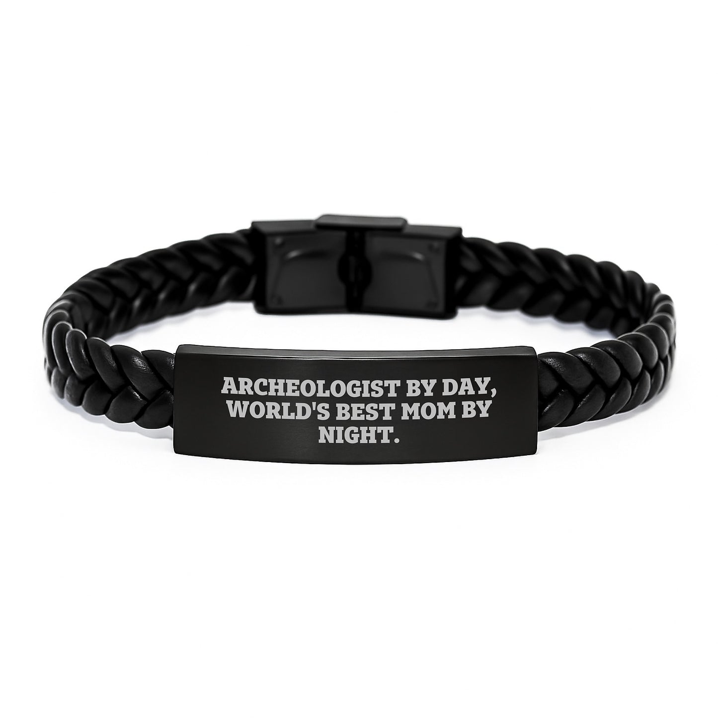Funny Archeologist Gifts for Him, Interlaced Leather Bracelet for Dad by Archeologist By Day, World's Best Mom By Night - Image 1