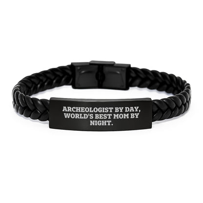 Funny Archeologist Gifts for Him, Interlaced Leather Bracelet for Dad by Archeologist By Day, World's Best Mom By Night - Image 1