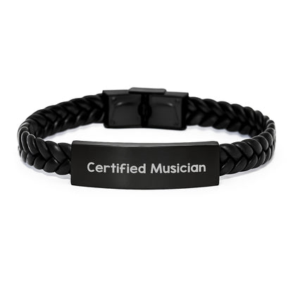 Funny Musician Gifts from Friends, Christmas Unique Inspirational Interlaced Leather Bracelet for Musicians, Certified Musician Quote Engraved Stainless Steel PU Leather - Image 1
