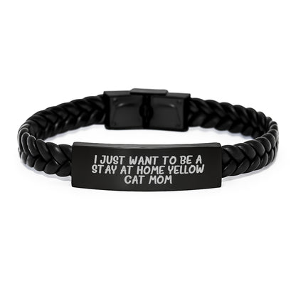 Yellow Cat Lover's Christmas Unique Gift Ideas, 'I Just Want To Be A Stay At Home Yellow Cat Mom' Interlaced Leather Bracelet for Yellow Cat Mom, Gifts from Mom to Yellow Cat Enthusiasts - Image 1