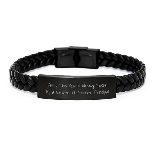 Funny Assistant Principal Gifts, Sorry This Guy Is Already Taken Interlaced Leather Bracelet for Graduation, Gifts from Family to Assistant Principal - Image 1