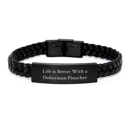 Doberman Pinscher Dog Lover Gifts, Valentine's Unique Gifts from Men to Wife, 'Life Is Better With A Doberman Pinscher' Interlaced Leather Bracelet - Image 1