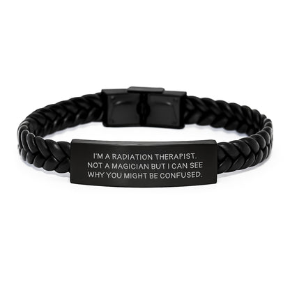 Funny Radiation Therapist Gifts, Interlaced Leather Bracelet for Men, Christmas Unique Gifts from Friends, for Radiation Therapist, Not A Magician, Stainless Steel PU Leather - Image 1
