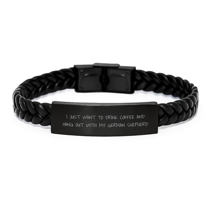Funny German Shepherd Dog Gifts for Men Friends Coworkers - I Just Want To Drink Coffee And Hang Out With My German Shepherd Interlaced Leather Bracelet Birthday Unique Gifts from Family - Image 1