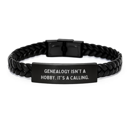 Genealogy Enthusiast Gifts from Family - 'Genealogy Isn't A Hobby. It's A Calling.' Interlaced Leather Bracelet for Christmas Unique Gifts for Men Women Friends - Image 1