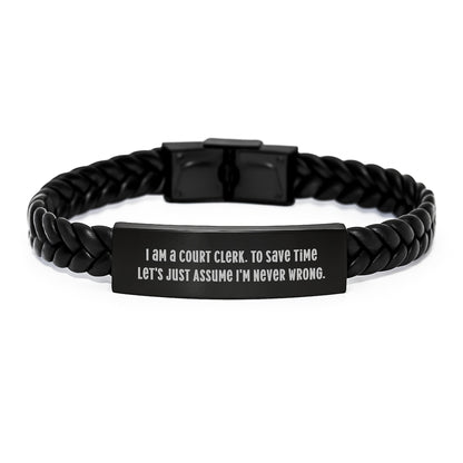 Funny Court Clerk Gifts from Men, Unique Christmas Unique Gifts for Court Clerk, Interlaced Leather Bracelet with Engraved Stainless Steel, Stylish Court Clerk Jewelry - Image 1