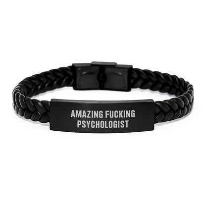 Funny Quote Psychologist Gifts for Men, Interlaced Leather Bracelet, Unique Christmas Memorable Presents from Friends, Amazing F--king Psychologist Engraved Stainless Steel Leather Cuff - Image 1