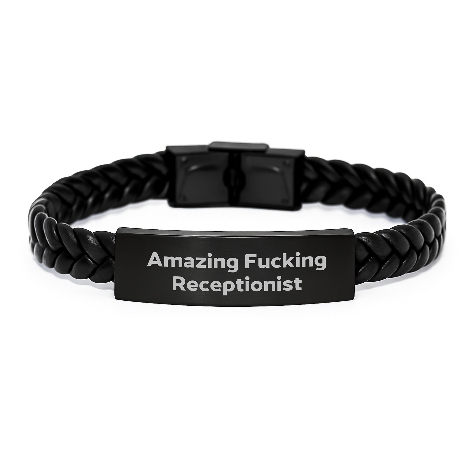 Receptionist Interlaced Leather Bracelet - Funny Gift for Her Men Friends Coworkers Family - Stainless Steel and PU Leather - Image 1